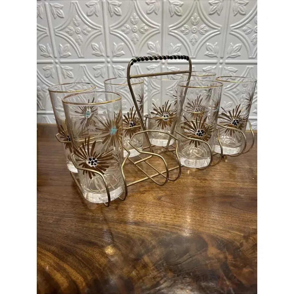 VTG Libbey MCM Party time Atomic Firework Glasses Set Of 7 & Rack Holder